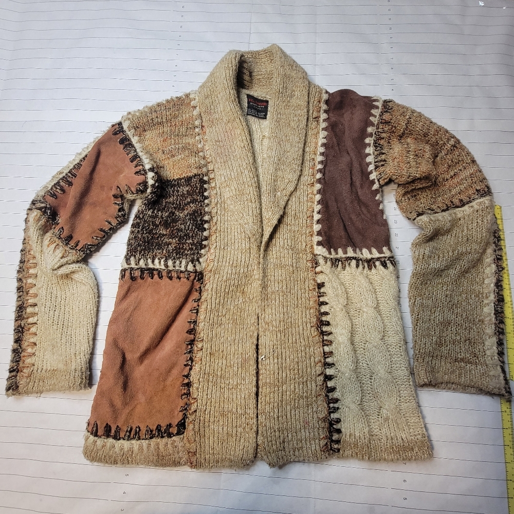Vintage Richman Brothers Cardigan Sz S Patchwork Leather Acrylic 70's Knit Ugly